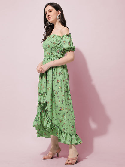 Oomph! Flared Dress For Women Stylish | Long One Piece For Women | Off Shoulder Puff Sleeve Long Dress | Floral Print Maxi One P