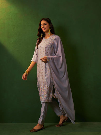 ZIYAA Women Light Grey Chinon Straight Kurta With Pant And Dupatta Set