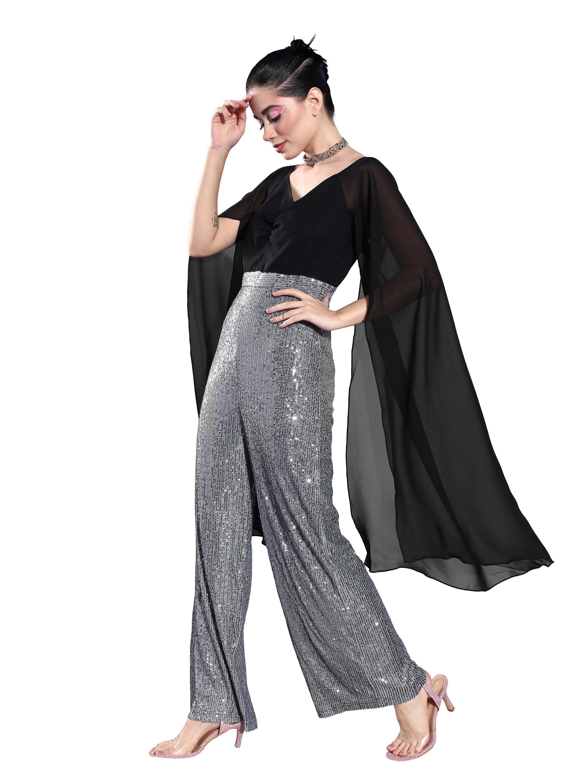 Miss Chase Womens Sweetheart Neck Full Sleeve Regular-Length Polyester Jumpsuit (MCAW22D15-53-242-06, Black & Silver, XL)