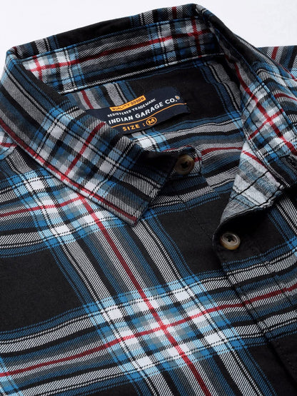 The Indian Garage Co Men Black Checkered Slim Fit Cotton Casual Shirt