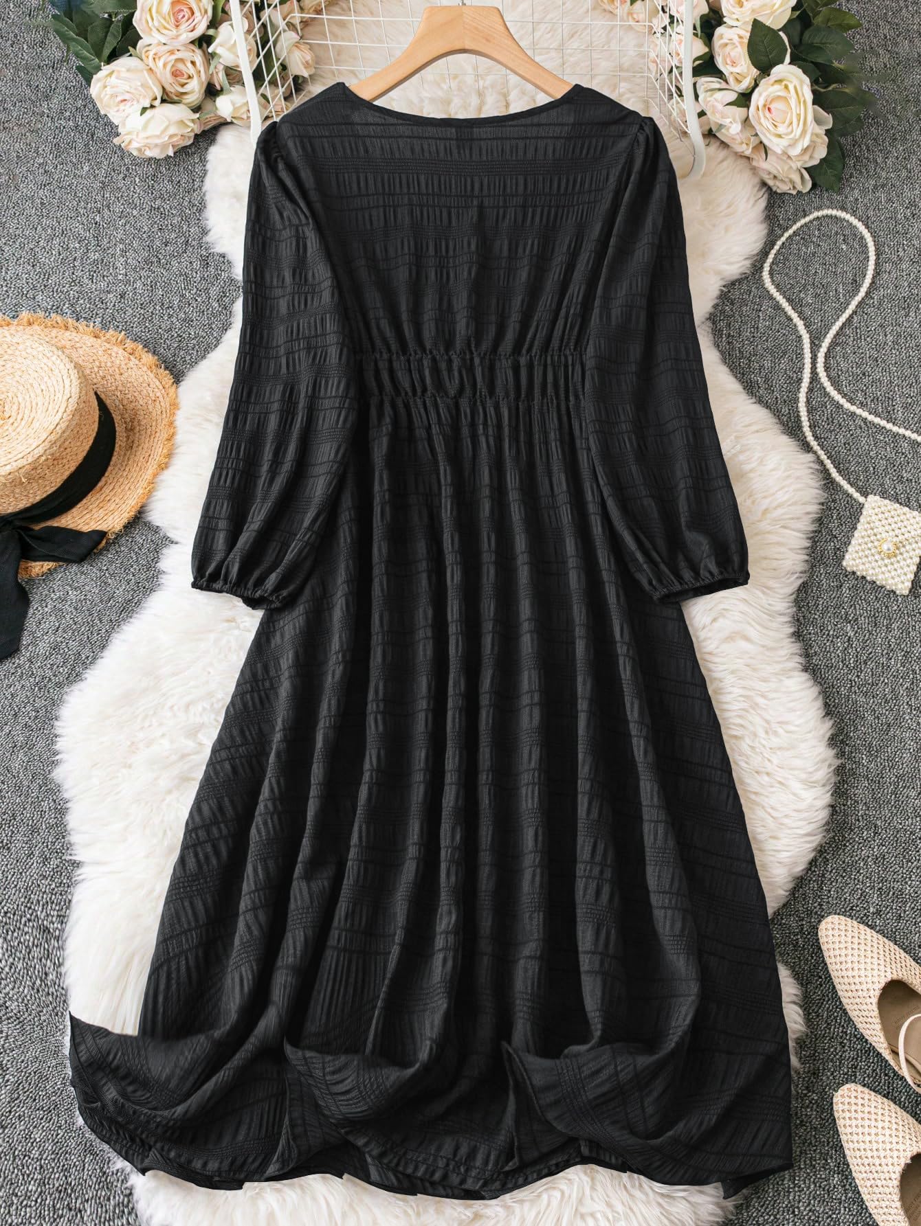 Shasmi Womens & Girls Black Dress For Women Midi, One Piece Dress For Womens Casual Dress, Solid Textured Lantern Sleeve Tie Fro