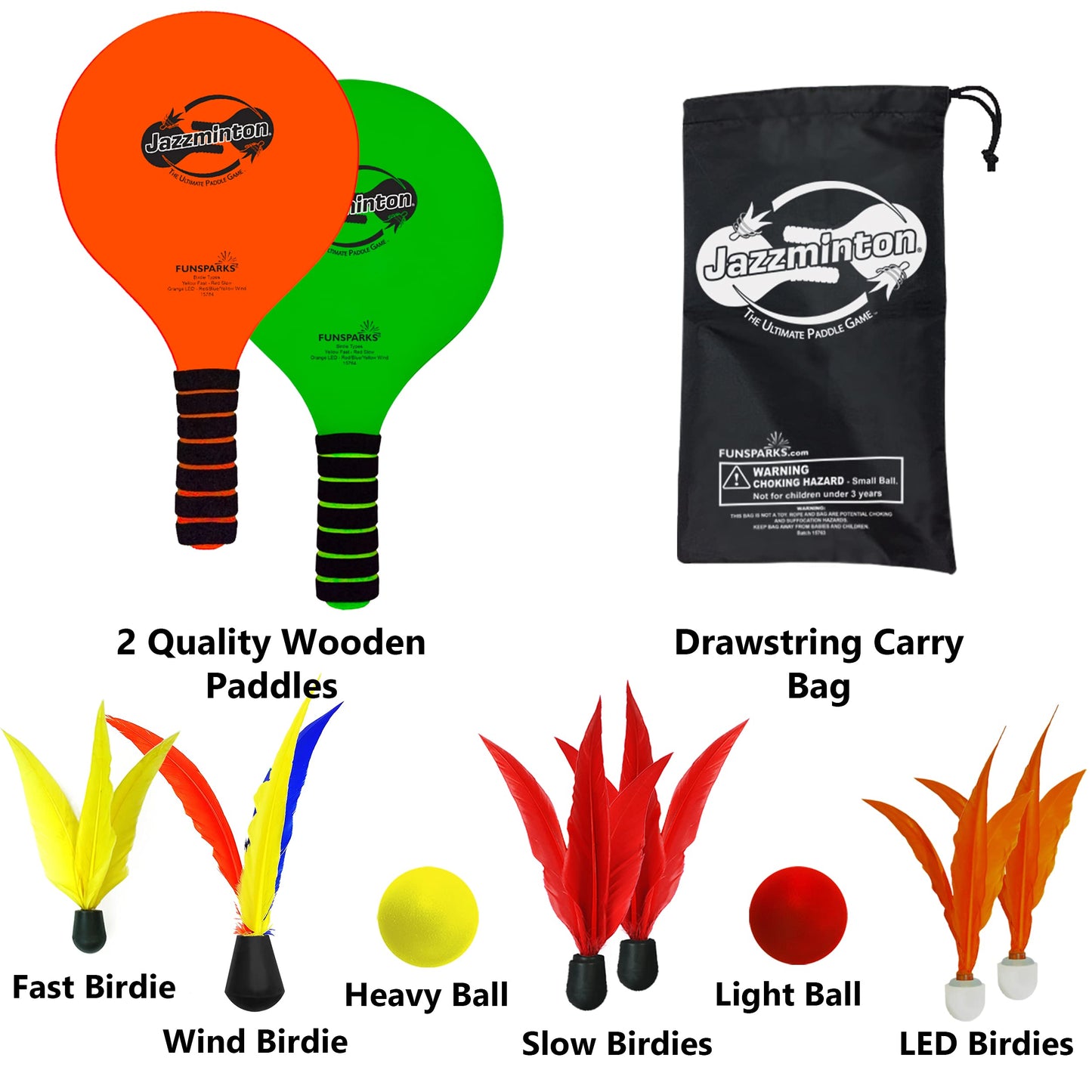 Jazzminton Paddle Ball Game - Deluxe LED Birdie - Indoor/Outdoor Fun for All Ages - One Size - Red - Model JM1300