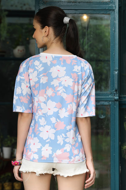 OM SAI LATEST CREATION Womens Lycra Casual Flower Printed Half Sleeve Western Top for Women/Girls Night wear Top (X-Small, Pink