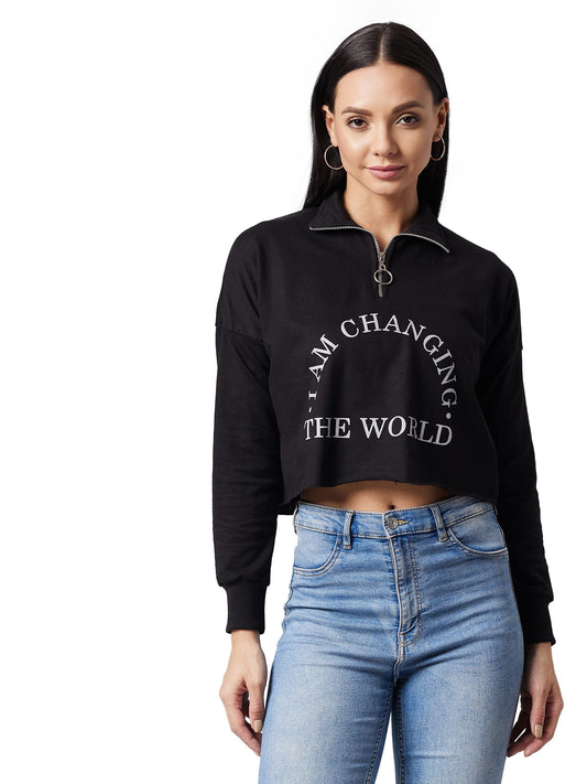 Dolce Crudo Womens Black Round Neck Full Sleeve Solid Boxy Crop Sweatshirt (DOAW21SWT02-11-62-05,Black,L)