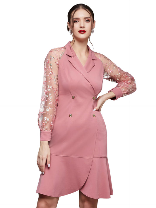 Miss Chase Womens Solid Embroidered Knee Length Dress (MCSS25D93-51-246-06, Dusty Pink & Golden, XL)