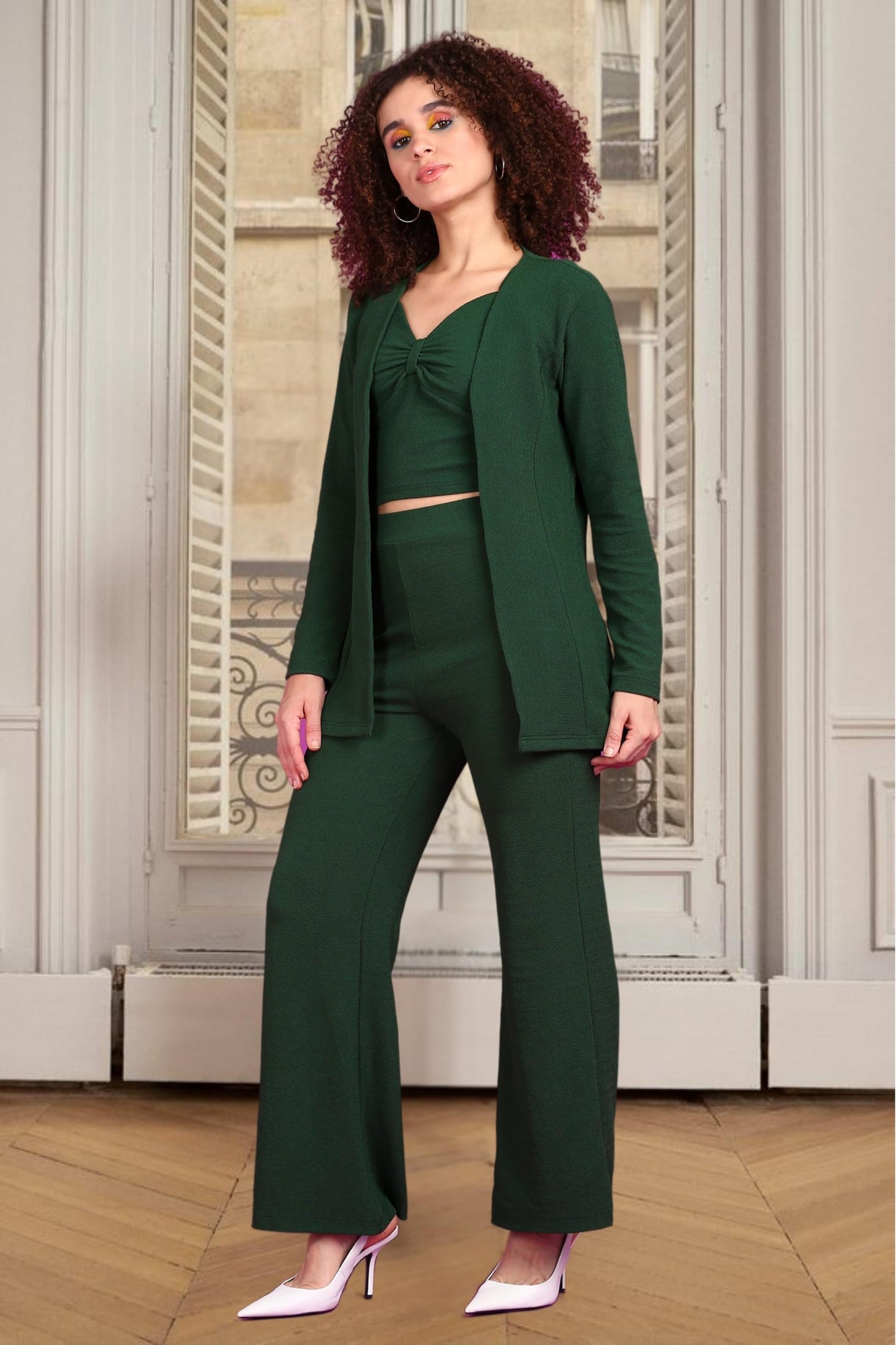 Popwings Casual 3 Pieces Co-Ords Set For Women | Women Shrug Top Trouser Set | Women Shrug Top And Trousers Set Summer Wear| 3 P