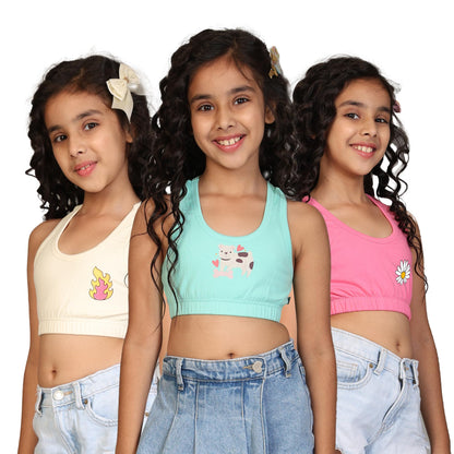 Kyda Kids Girls Antibacterial Cotton Sports Bra Training Bras, Non Padded, Chest Double Layered Wireless Light Padded Bra (Pack
