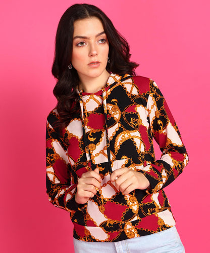 POPWINGS Women Casual Multicolor Chain Print Hooded Pocket Sweatshirt | Winter Wear | Trendy Printed Sweatshirts