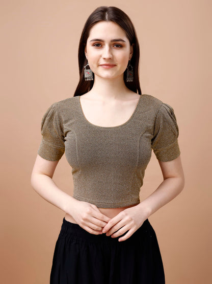 Pujia Mills WomenS Readymade Shining Lycra Stretchable Round Neck Half Puff Sleeve Blouses Lycra Stretchable Off Gold Color Blo