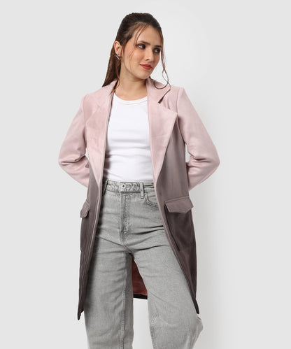 Campus Sutra Womens Dusky Pink & Brown Regular Fit Long Coat For Winter Wear | Collar Neck | Full Sleeve | Buttoned | Casual Ja