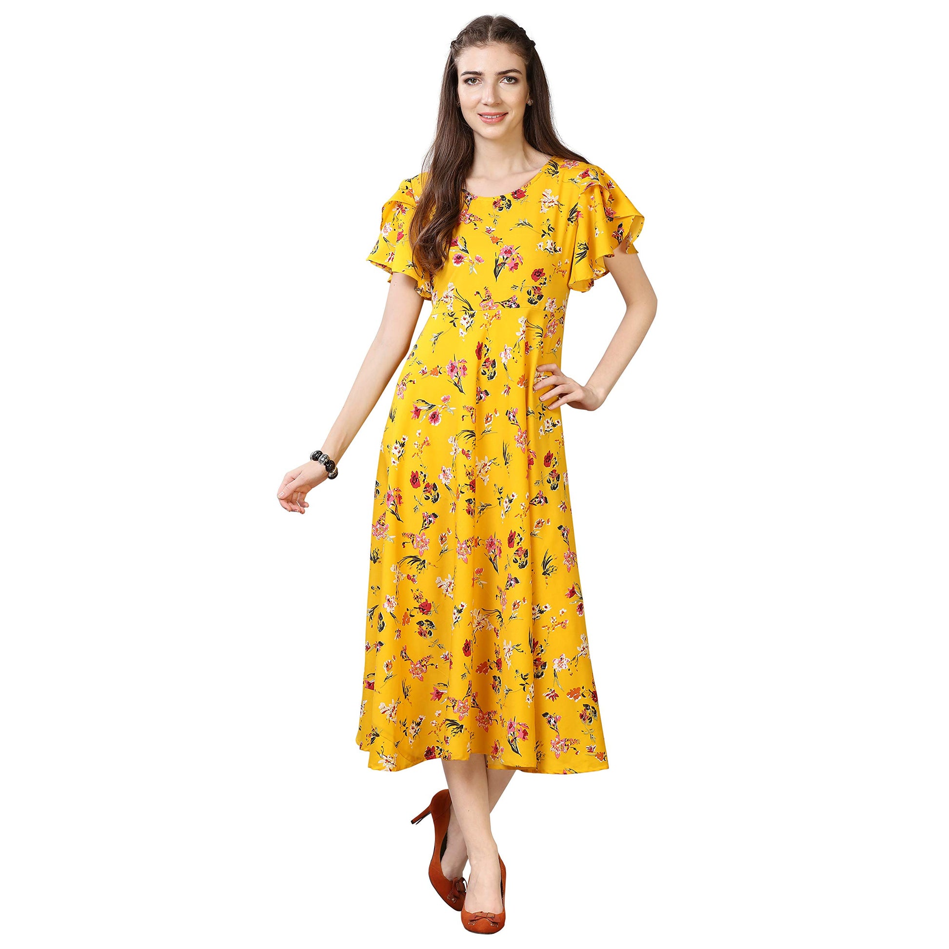 Oomph! WomenS Western & Fusion Wear Midi Dresses For Women, Beach, Yellow - Md53
