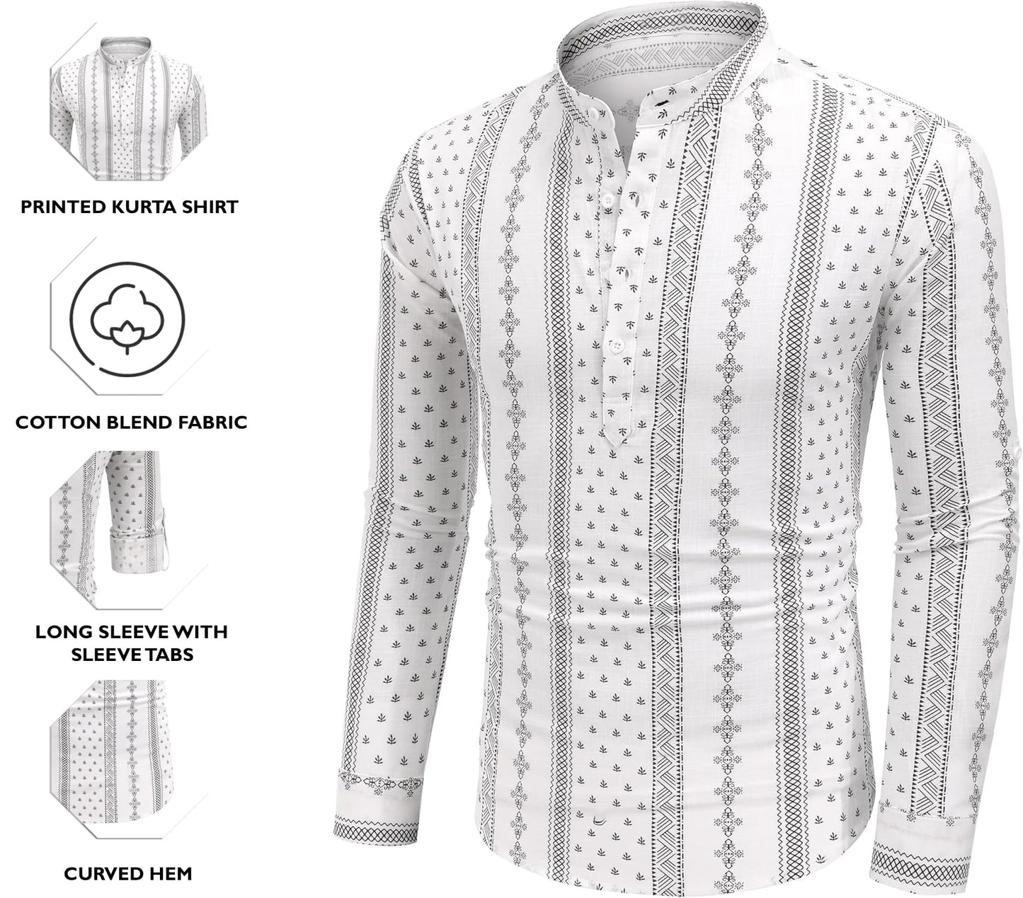 Zombom MenS Cotton Blend Solid Regular Fit Full Sleeve Printed Short Kurta | Ethnic, Lightweight Summer Kurta For Daily & Occas