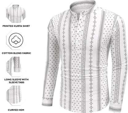 Zombom MenS Cotton Blend Solid Regular Fit Full Sleeve Printed Short Kurta | Ethnic, Lightweight Summer Kurta For Daily & Occas