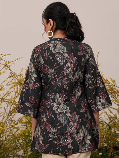 Libas Black Printed Aline Silk Blend Kurti