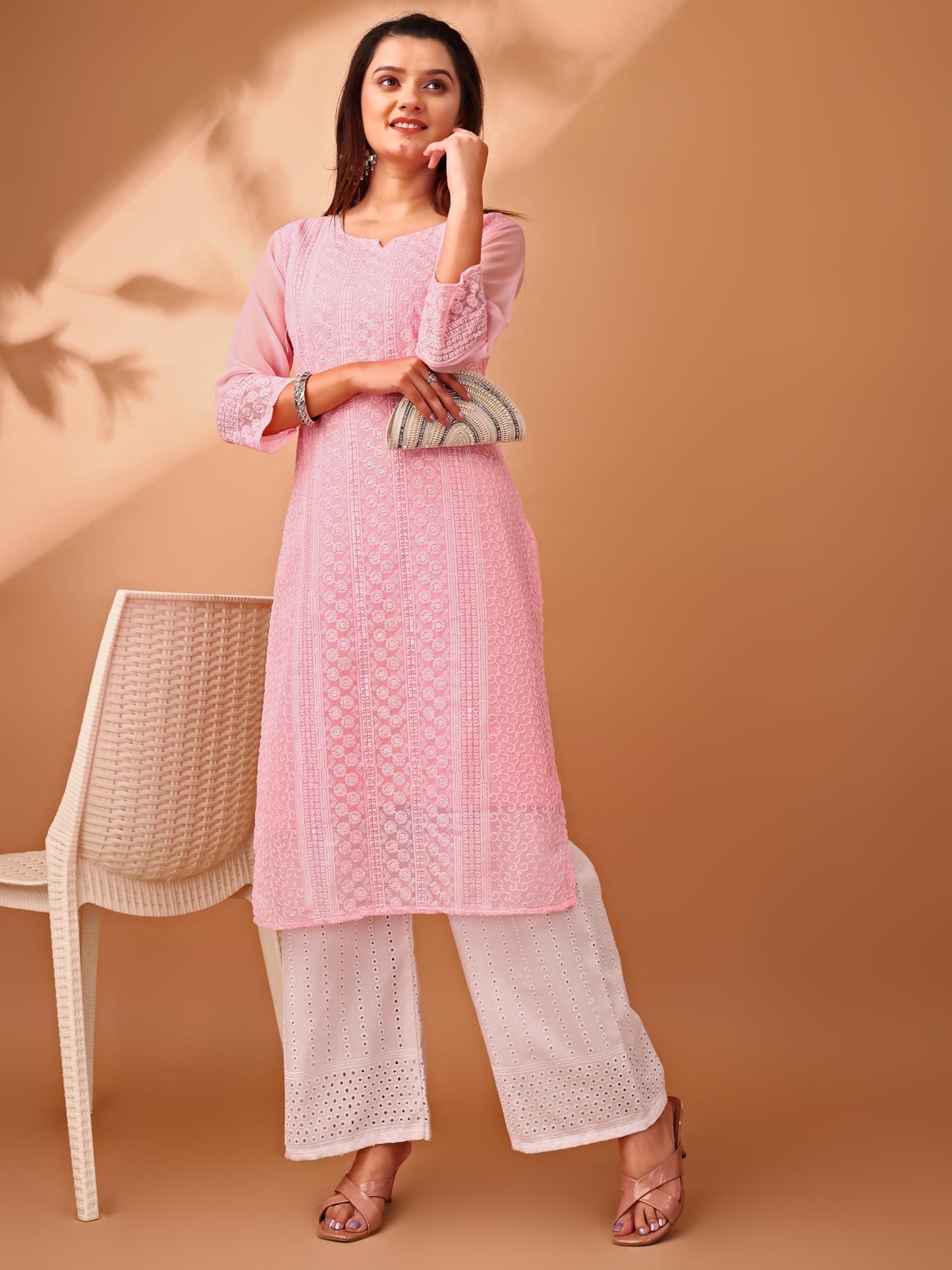 Gufrina WomenS Georgette Straight Kurta Palazzo With Notch Neck 3/4Th Sleeves Solid Pattern Chikankari Work Calf Length And Reg