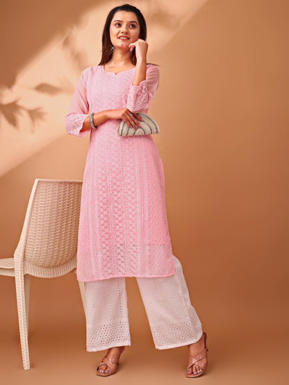 Gufrina WomenS Georgette Straight Kurta Palazzo With Notch Neck 3/4Th Sleeves Solid Pattern Chikankari Work Calf Length And Reg