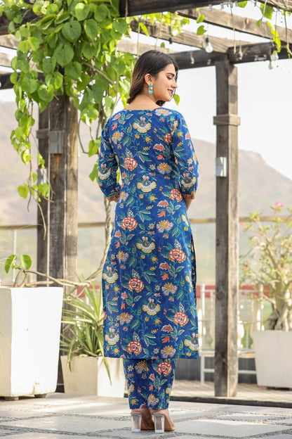 GoSriKi Women's Cotton Blend Printed Straight Kurta with Pant & Dupatta (JDP
