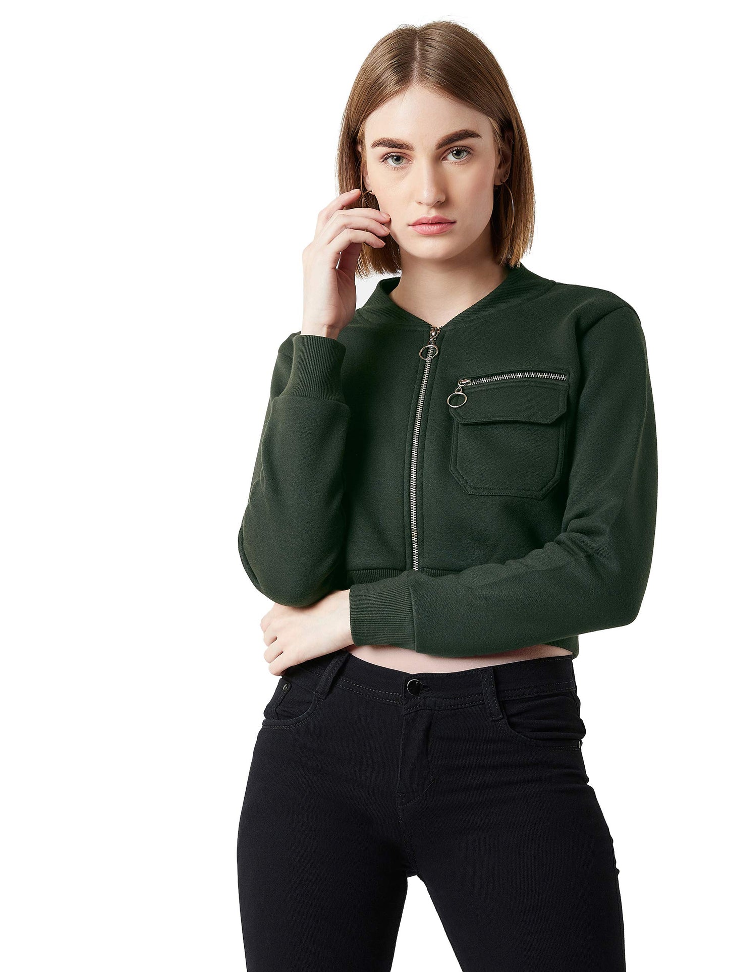Miss Chase WomenS Green Cotton Bomber Cropped Jacket(Mcaw19Jkt03-20-48-06,Green,X-Large)
