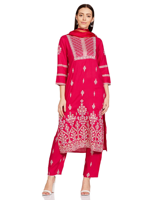 anubhutee Women Floral Embroidered Regular Rayon Kurta Trouser with Dupatta Set