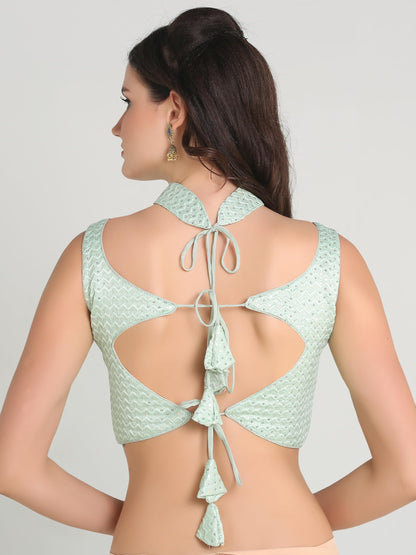 Pujia Mills Womans Readymade Sleeveless Pista Blouse Halter Neck with String Pattern Backless Ethnic wear Pattern Choli Blouse