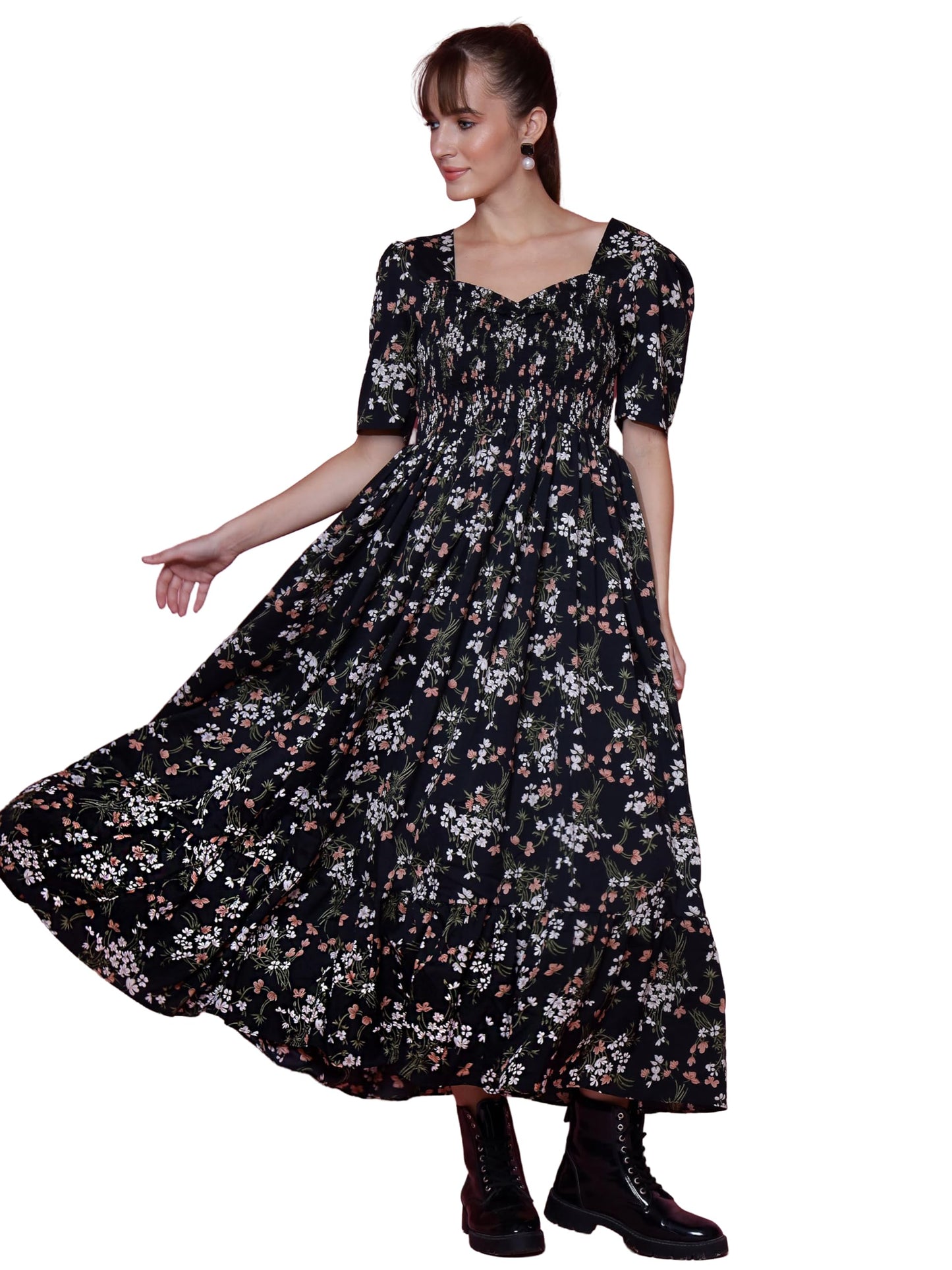 Sheetal Associates WomenS Casual Puff Sleeves Crepe Floral Print Fit And Flare Dress Black