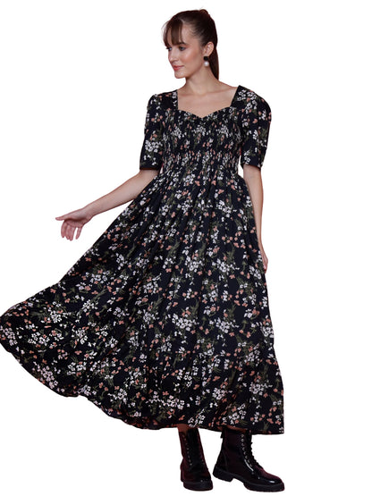 Sheetal Associates WomenS Casual Puff Sleeves Crepe Floral Print Fit And Flare Dress Black