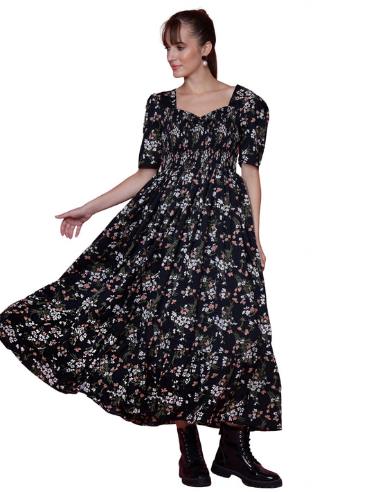 Sheetal Associates WomenS Casual Puff Sleeves Crepe Floral Print Fit And Flare Dress Black