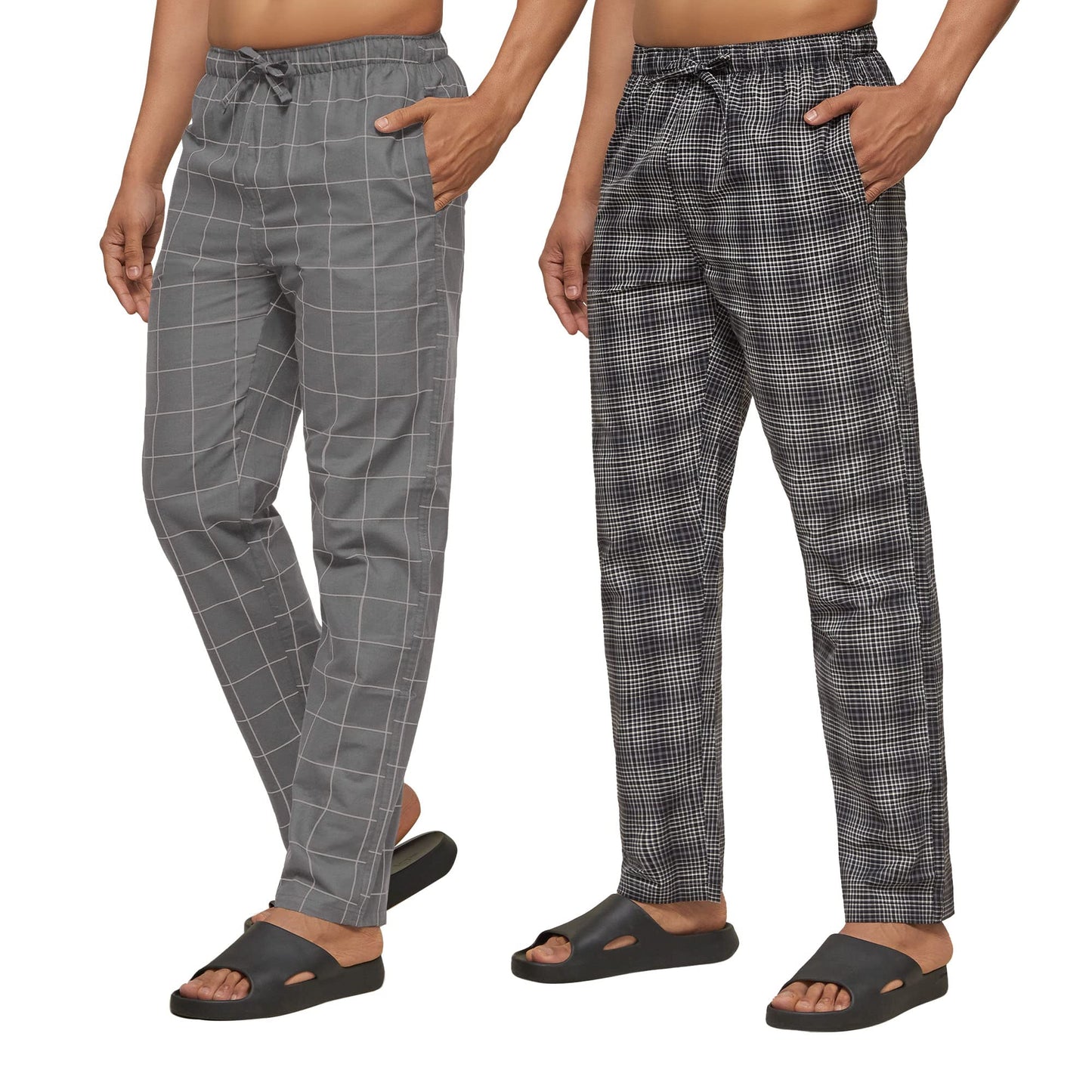 XYXX Mens Super Combed Cotton Checkered Checkmate Pyjamas [Pack of 2] Elasticated Waist, Drawstring | Loungewear for Men in Bla