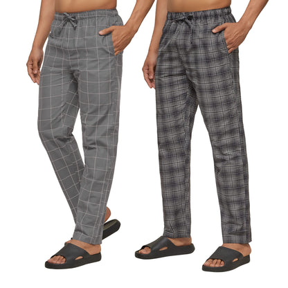 XYXX Mens Super Combed Cotton Checkered Checkmate Pyjamas [Pack of 2] Elasticated Waist, Drawstring | Loungewear for Men in Bla