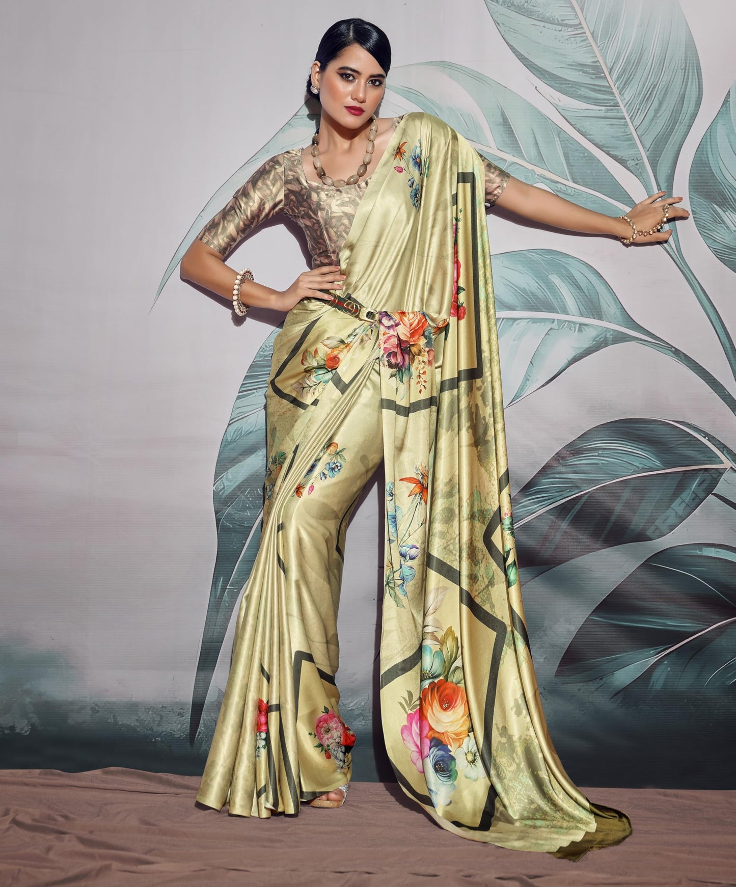 Pujia Mills WomanS Indian Ethnic Wear Simple Printed Saree Digital Print Satin Silk Saree Printed Saree With Unstitch Blouse Re