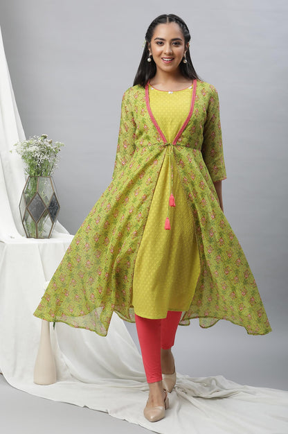 Aurelia Women's Green Banana Pure Cotton Straight Kurta, Tights, Gillet Suit Set