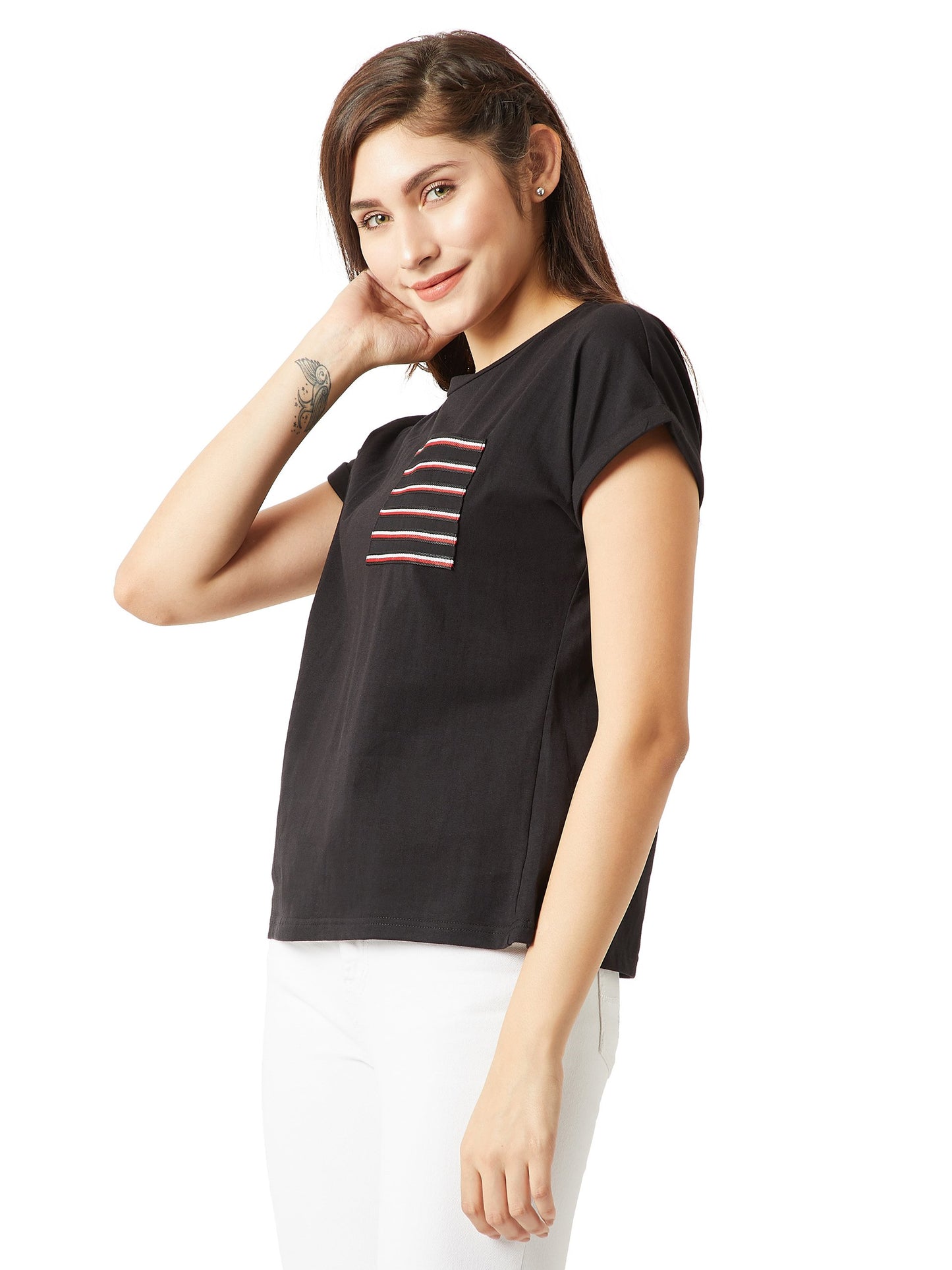 Miss Chase WomenS Super Soft Round Neck Continuous Short Sleeves Cotton Solid Twill Pocket Regular Basic T-Shirt (Mcss18Ts01-20