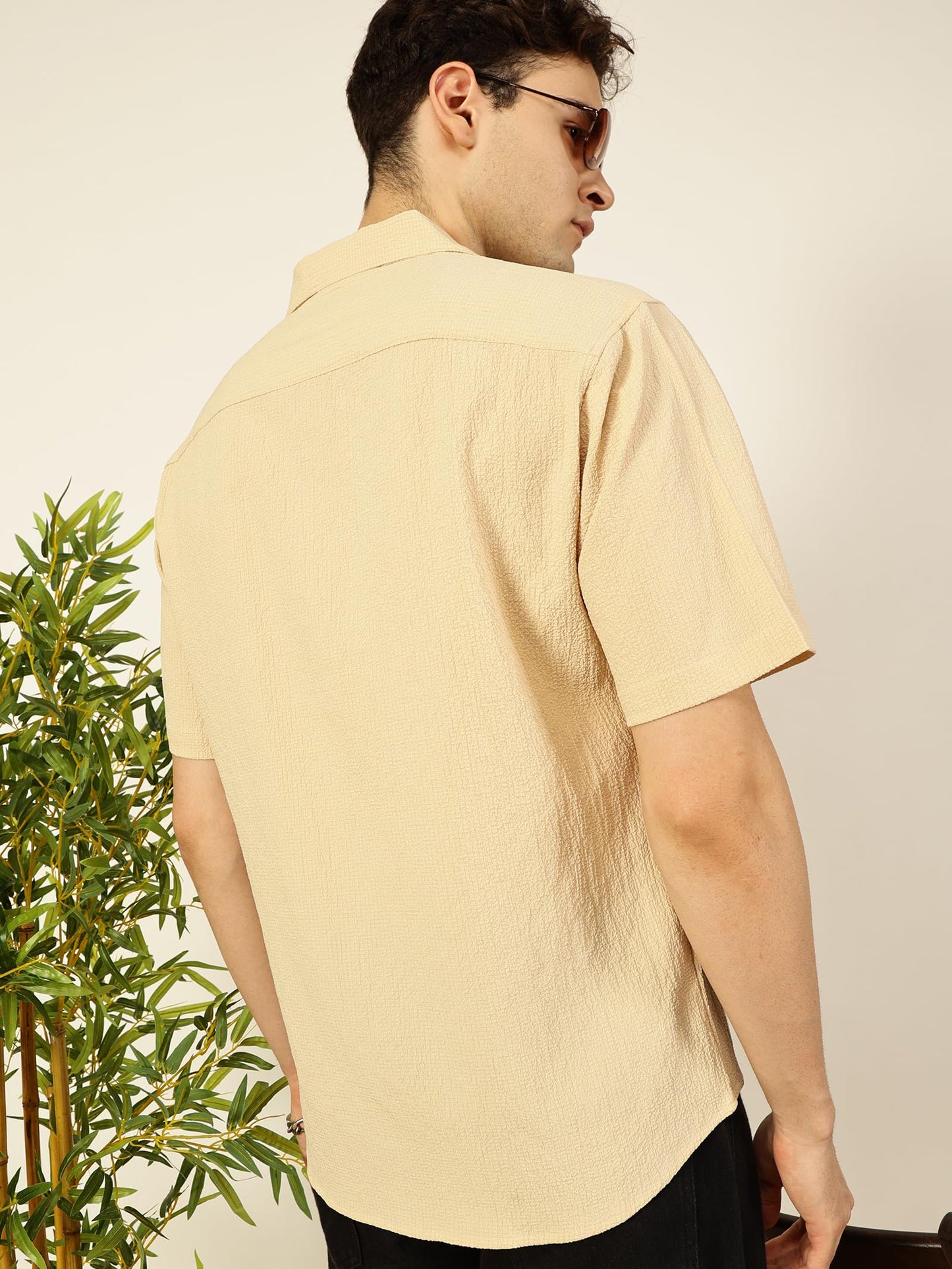 Thomas Scott Regular Fit Self Design Textured Cuban Collar Casual Shirt for Mens Beige