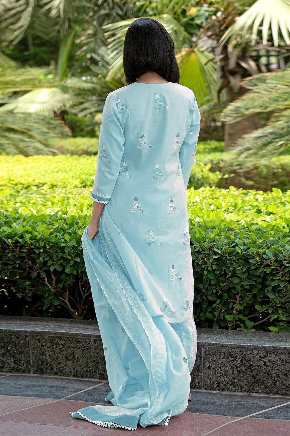 GoSriKi Women's Hand Printed Rayon Kurta with Pants & Dupatta, Blue, Medium, Model RAGSRI-VKS01-GS
