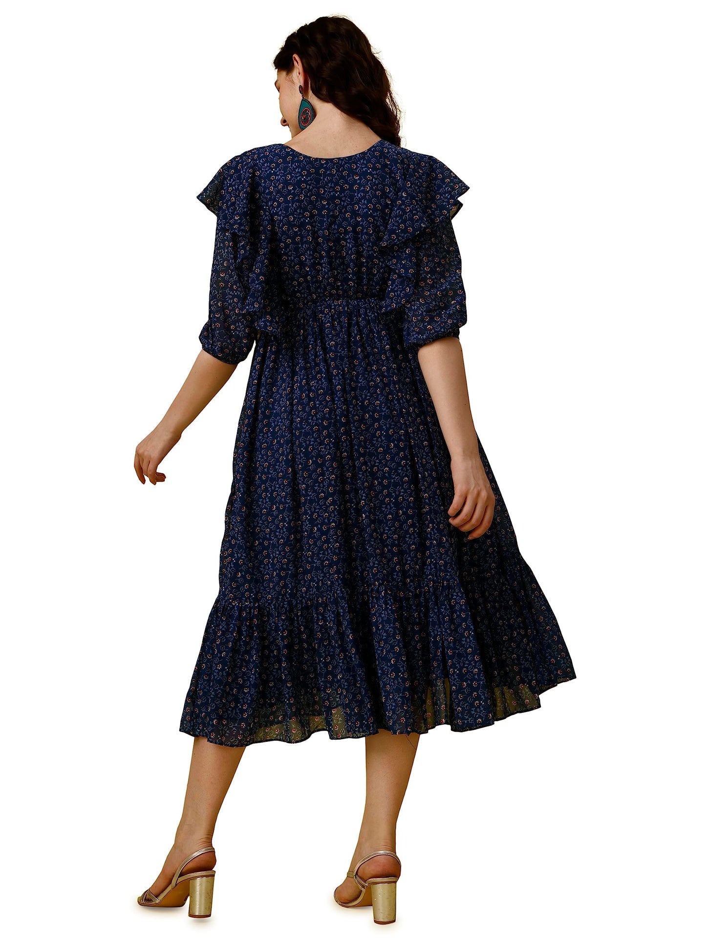 Fashion2Wear WomenS Georgette Midi Dress With Round Neck Floral Printed A Line Style Knee Length 3/4Th Puff Sleeves And Regular