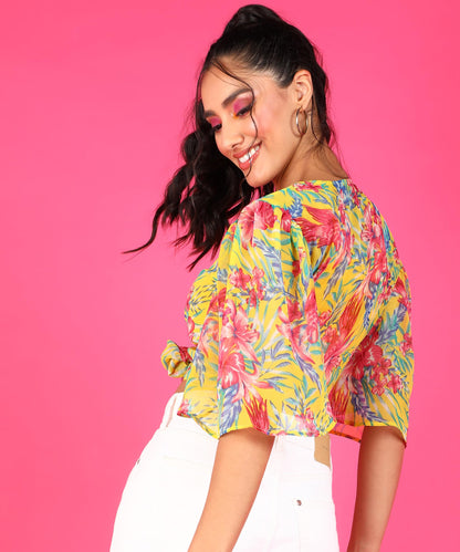 POPWINGS Women Casual Yellow Printed Chiffon Shrug