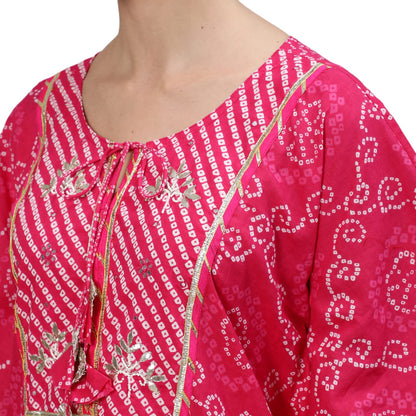 ishin Women's Cotton Blend Kaftan Embroidered Gotta Patti Bandhani print Pink Kurta suit set with Trouser