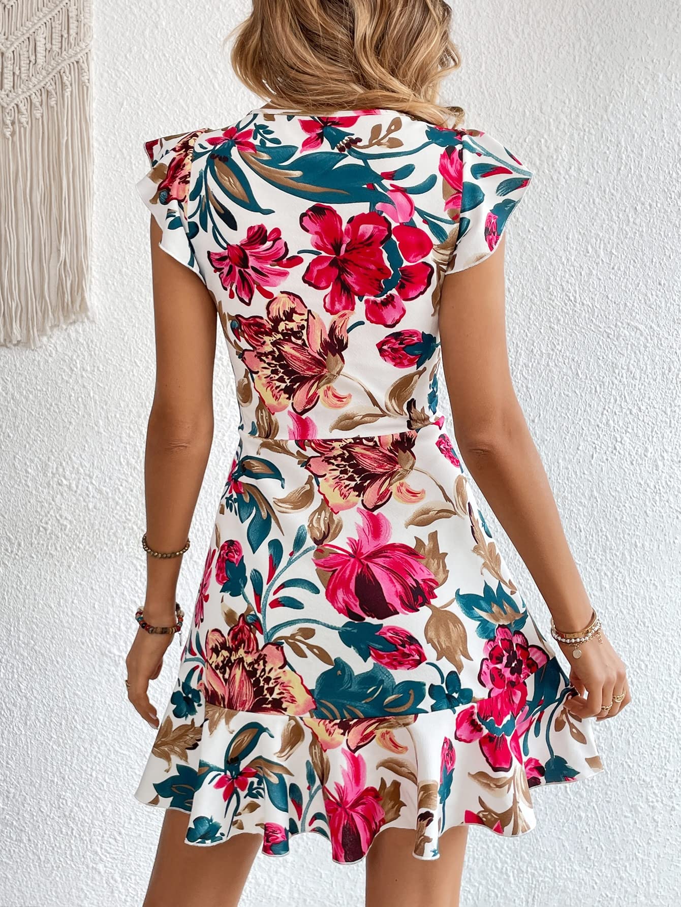 Shasmi GirlS & WomenS White Floral Print Cap Sleeve Ruffle Trim Short Dress Summer Boho One Piece Mini Dress For Women Stylish