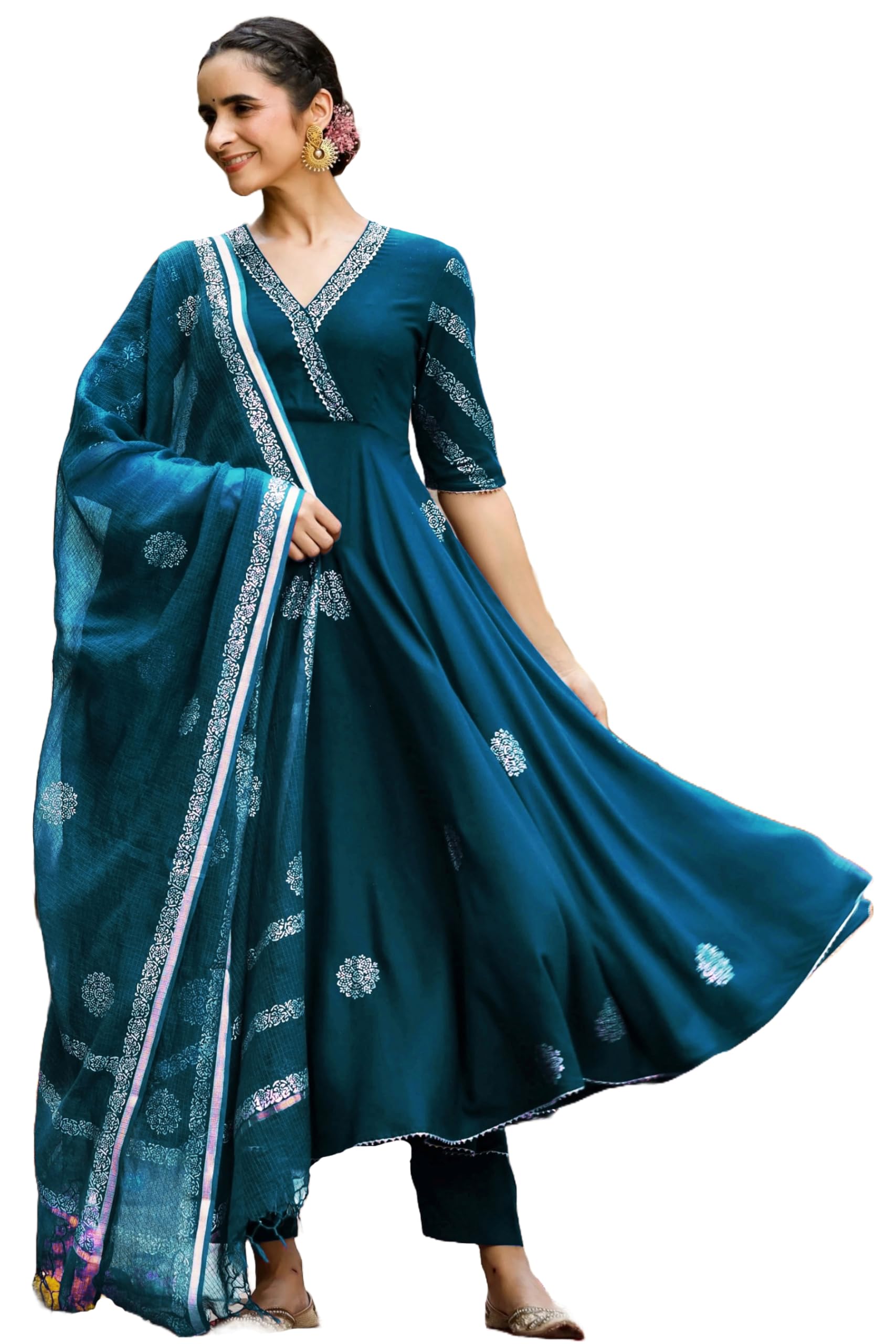 ANNI DESIGNER Anarkali Women s Rayon Blend Kurta with Trousers and Dupatta, dark blue, L