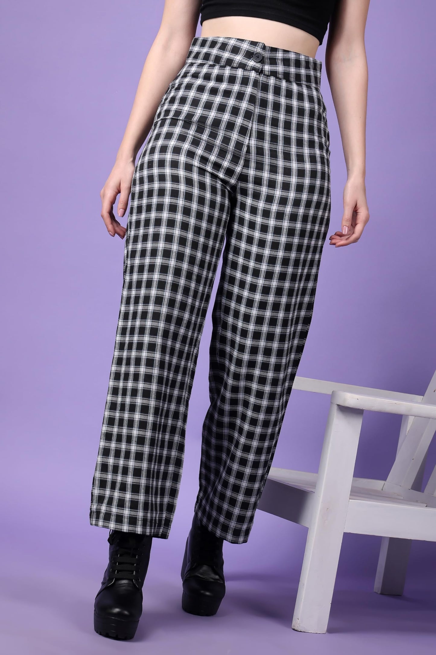 POPWINGS Casual Check Print Button and Zip Closure Trouser for Women | Western Wide-Leg Trouser for Women | Summer Trousers for