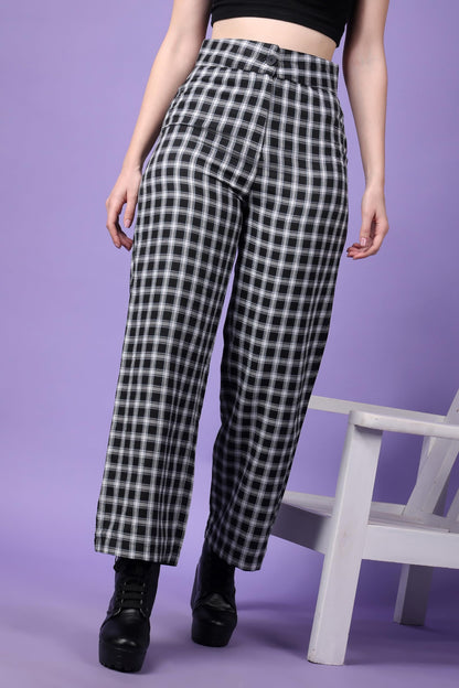 POPWINGS Casual Check Print Button and Zip Closure Trouser for Women | Western Wide-Leg Trouser for Women | Summer Trousers for