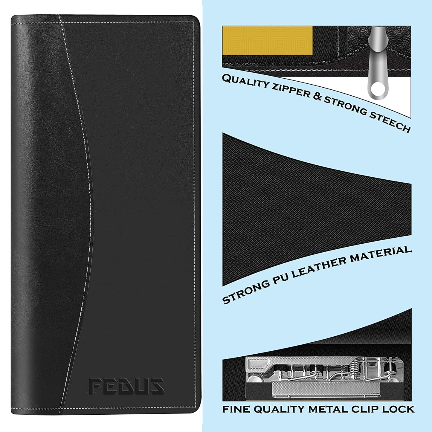 FEDUS Vegan Leather Cheque Book Holder - Expanding, Black, Design 1, Model FEDUS_001_CHEQUE-BOOK-HOL_PARENT for Men/Women, Travel & Office