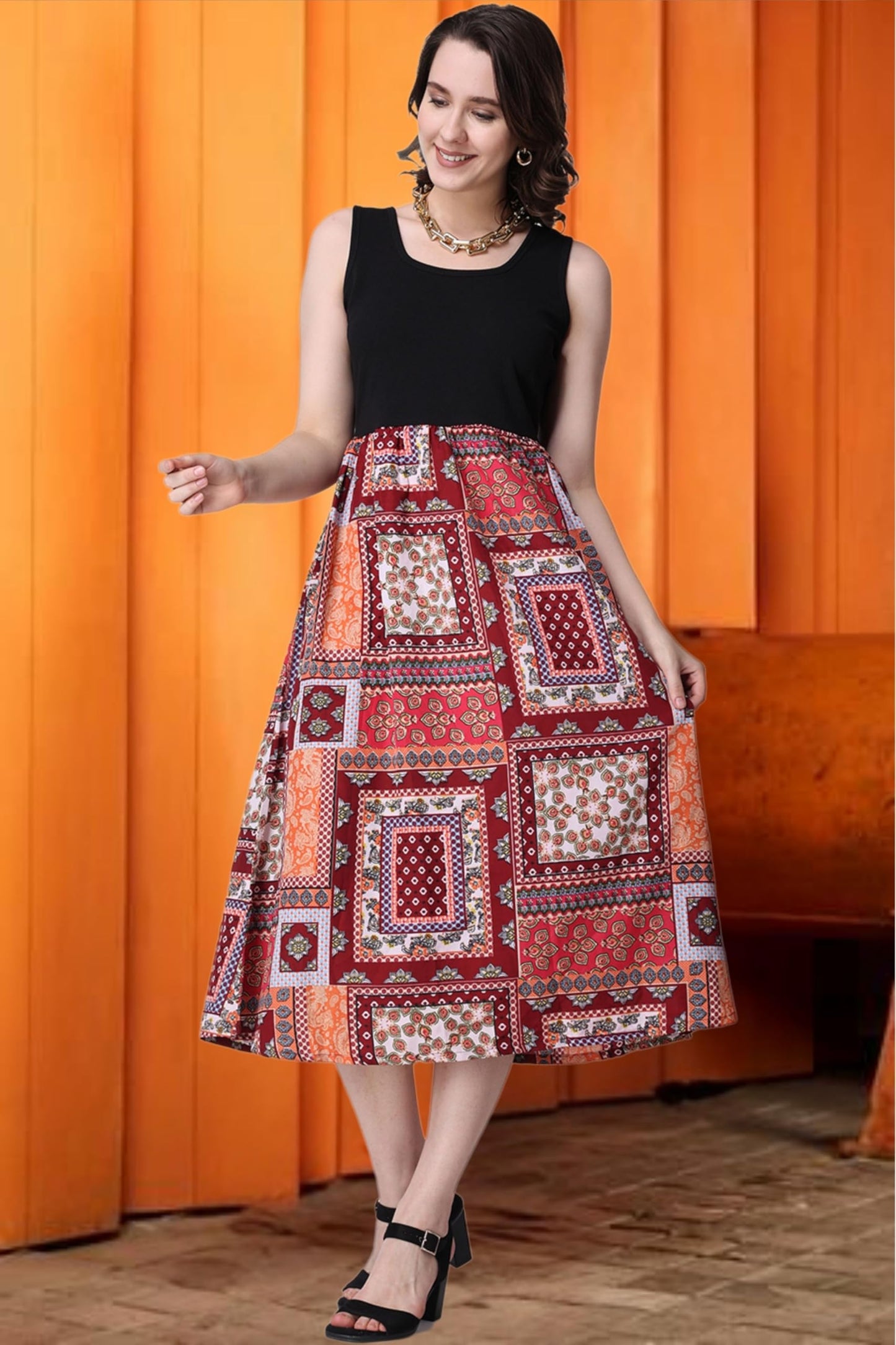 Popwings Casual Boho Printed And Solid Peplum Dress For Women || Summer Dresses For Women || Sleeveless Women Dresses || Round-N