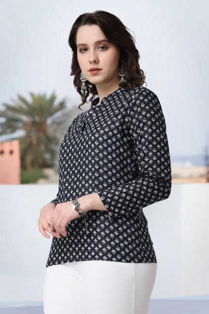 POPWINGS Women Casual Pure Cotton Black & White Booti Printed Short Kurta | Women Short Kurta | Women Printed Short Kurti