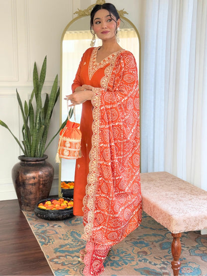 Naixa WomenS Orange Bsy Viscose Embroidered Straight Kurta With Bsy Viscose Pant And Silk Blend Embroidered Laced Dupatta Sets
