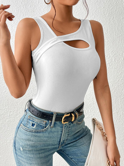 Sugathari Womens White Cut Out Asymmetrical Neck Rib Knit Jeans Korean Trendy Tank Western Tops for Women Stylish (T-Shirt 182