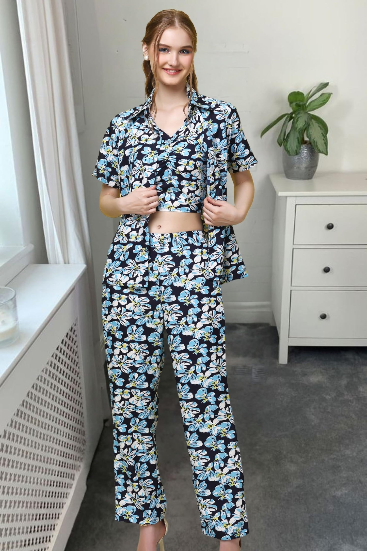 Popwings Casual Floral Printed 3-Piece Co-Ord Set For Women || Co-Ord Set For Women Western Summer Office Wear || Crop Top, Trou
