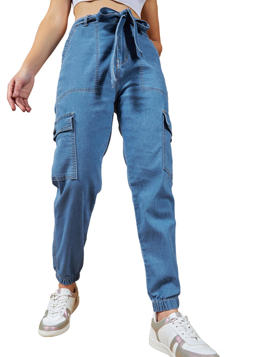 Dolce Crudo Womens High Rise Regular Stretchable Denim Joggers (DOSS24DEN94-15-115-28, Blue, 28)