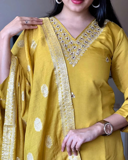 Satpurush WomenS Yellow Cotton Silk V-Neck 3/4Th Sleeve Floral Embroidery Straight Kurta Salwar Suit Set With Pant(B-153-A-Yell