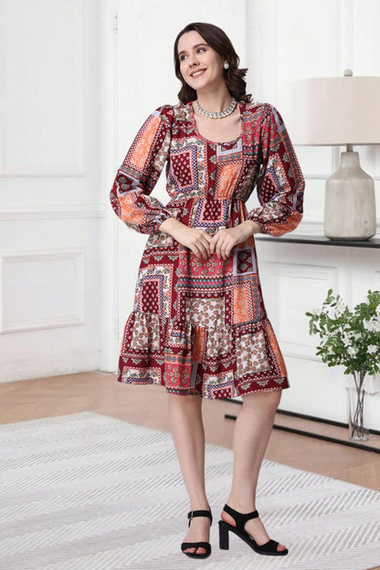Popwings Women Casual Boho Printed Red Peplum Dress